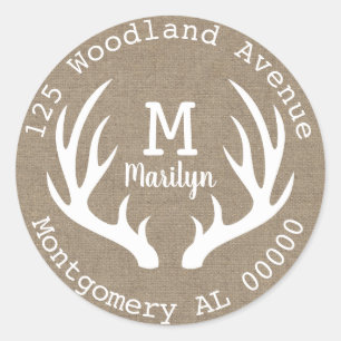 Rustiek bosgebied Herten Antlers Faux Burlap Adres Ronde Sticker