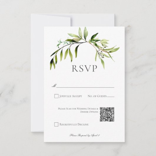 Rustiek Botanisch groen Bough Wedding QR-code RSVP Kaartje (Voorkant)