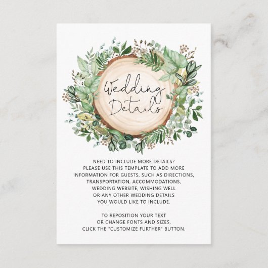 Rustiek botanisch groen laat bruiloft details informatiekaartje (Voorkant)