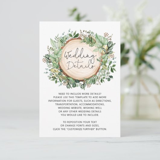 Rustiek botanisch groen laat bruiloft details informatiekaartje (Staand voorkant)