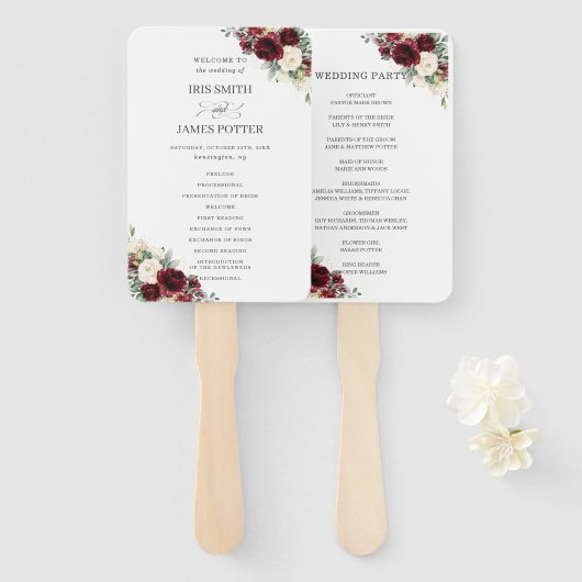 Rustiek Bourgogne Ivoor Bloemen Trouwprogramma Handwaaier (Voorkant en achterkant)