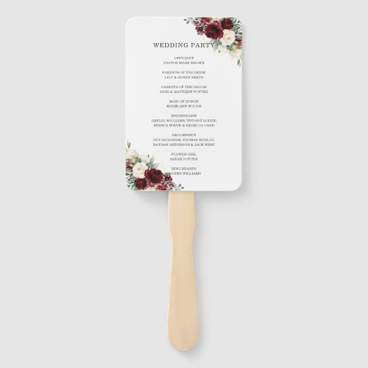Rustiek Bourgogne Ivoor Bloemen Trouwprogramma Handwaaier (Achterkant)