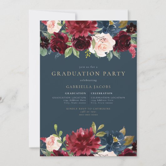 Rustiek Bourgogne & Navy Bloemen groen Afstuderen Kaart (Voorkant)