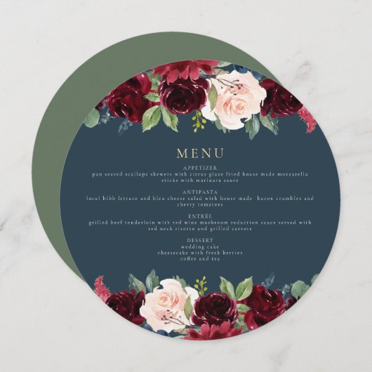 Rustiek Bourgondië & Navy Circle Diner Menu Kaart (Voorkant / Achterkant)