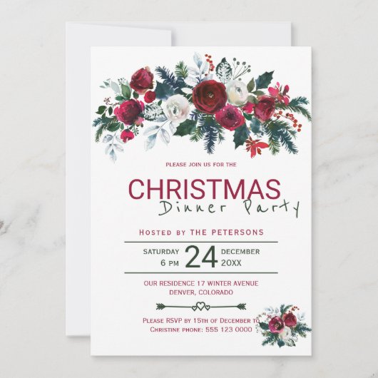 Rustiek Bourgondisch Groen Kerstdiner Kaart (Voorkant)