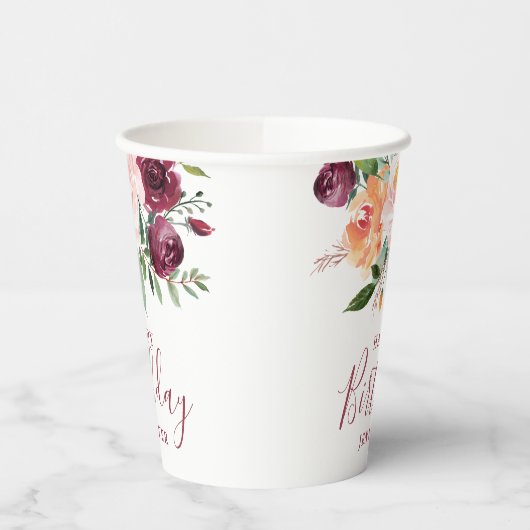 Rustiek Bourgondisch Roze Bloemen Verjaardagsfeest Papieren Bekers (Links)