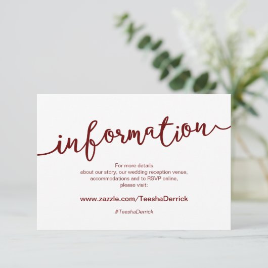Rustiek Bourgondisch script, huwelijksdetails, RSV Informatiekaartje (Staand voorkant)