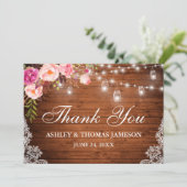 Rustiek Bruiloft Hout Roze Bloemen Jar Lights Kant Bedankkaart (Staand voorkant)