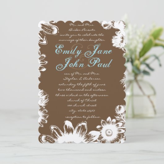 Rustiek Bruin Blauw Bloemenbruiloft Kaart (Staand voorkant)