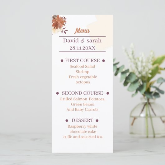 Rustiek bruin bruiloft diner menu (Staand voorkant)