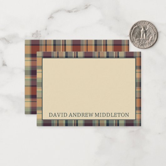 Rustiek Bruin en Crème Plaid Gepersonaliseerd Notitiekaartje (Voorkant / Achterkant in situ)