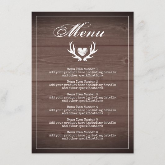 Rustiek bruin hout bruiloft receptie diner menu (Voorkant)