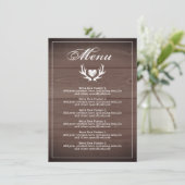 Rustiek bruin hout bruiloft receptie diner menu (Staand voorkant)
