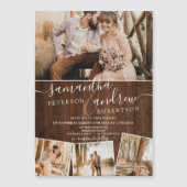 Rustiek bruin hout chic script 4 foto's bruiloft magnetische uitnodiging (Voorkant)