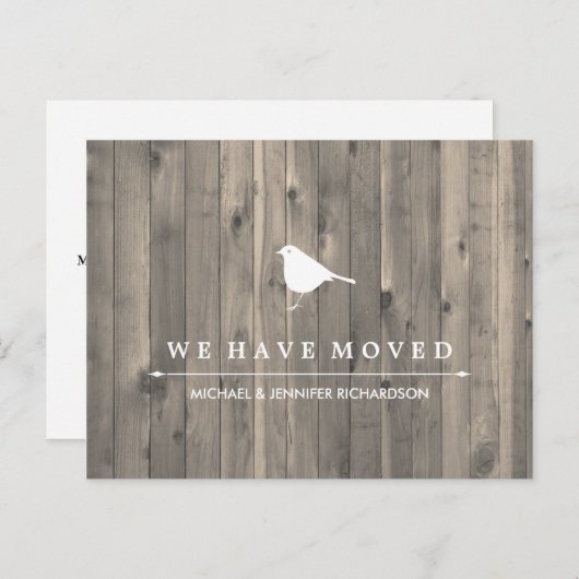 Rustiek bruin hout en zoete vogel adreswijziging aankondigingskaart (Voorkant / Achterkant)