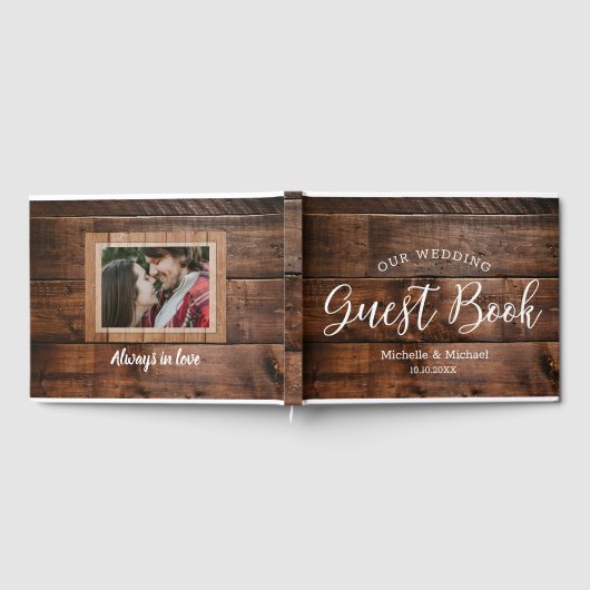 Rustiek Bruin Hout Paar Foto Huwelijk Gastenboek (Volledig)