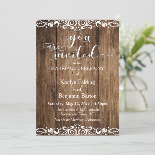 Rustiek Bruin Hout, Scrollwork, Typografie Huwelij Kaart (Staand voorkant)