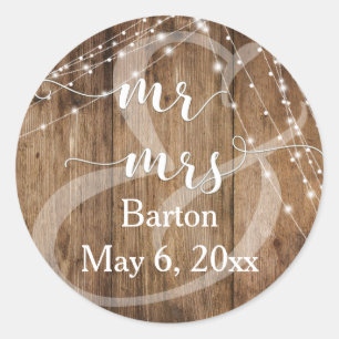 Rustiek bruin hout, wit licht snaren Mr. & Mrs Ronde Sticker