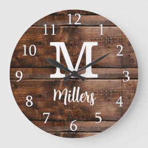 Rustiek Bruin Houten Script Familienaam Monogramme Grote Klok