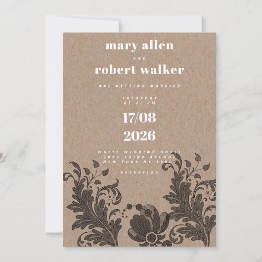 Rustiek bruin kraftpapier papier zwart bloemenkant kaart (Voorkant)