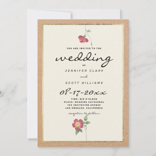 Rustiek bruin papier ivoor goud rood bloemenbruilo kaart (Voorkant)