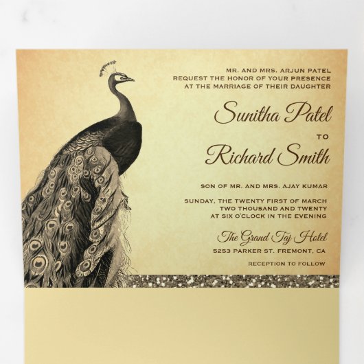 Rustiek Bruin Sepia Indische Pauw Huwelijk Drieluik Uitnodiging (Binnenzijde eerst)