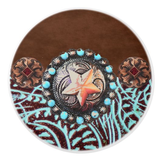 Rustiek Bruin Turquoise Cowboy Western Country Sta Keramische Knop (Voorkant)