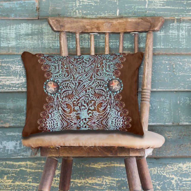 Rustiek bruin turquoise western landpatroon accent kussen (Rustic brown turquoise western country pattern accent pillow)
