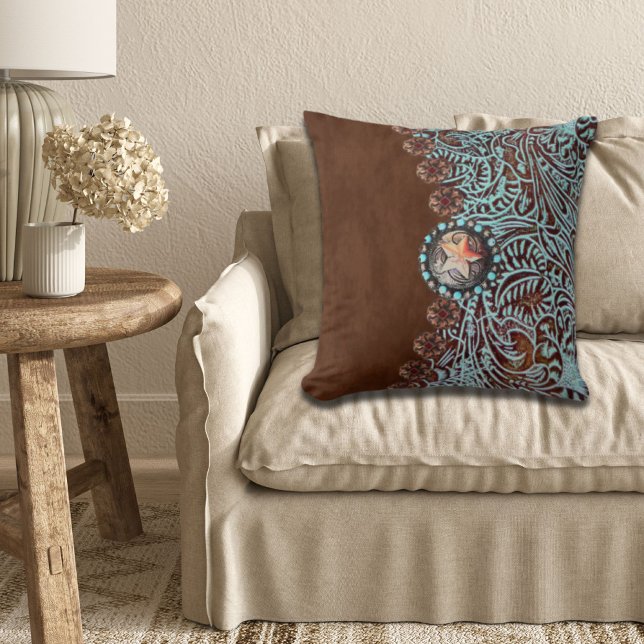 Rustiek bruin turquoise western landpatroon kussen (Rustic brown turquoise western country pattern throw pillow)
