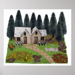 Rustiek chalet met opstapjes voor zomerkamp poster