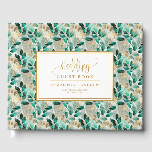 Rustiek chique bos groen goud eucalyptus bruiloft gastenboek (Voorkant)