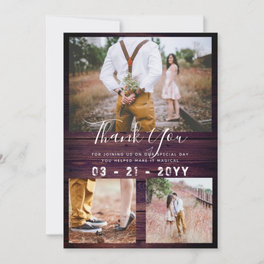 RUSTIEK Dank u Bruiloft FOTO COLLAGE Paarse Bedankkaart (Voorkant)