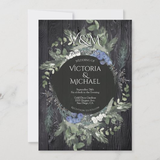 Rustiek Donker Hout Bloemen & Pine Winter Wedding Kaart (Voorkant)