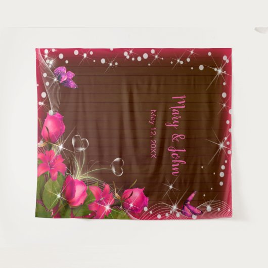 Rustiek Donker Hout Roze Bloemen Bruiloft Achtergr Wandkleed (Voorkant (horizontaal))