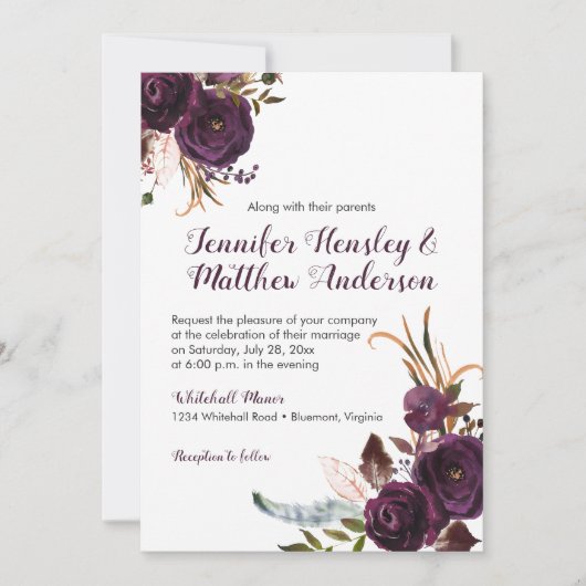 Rustiek Donker Paarse Bloemen Boho Fall Bruiloft Kaart (Voorkant)