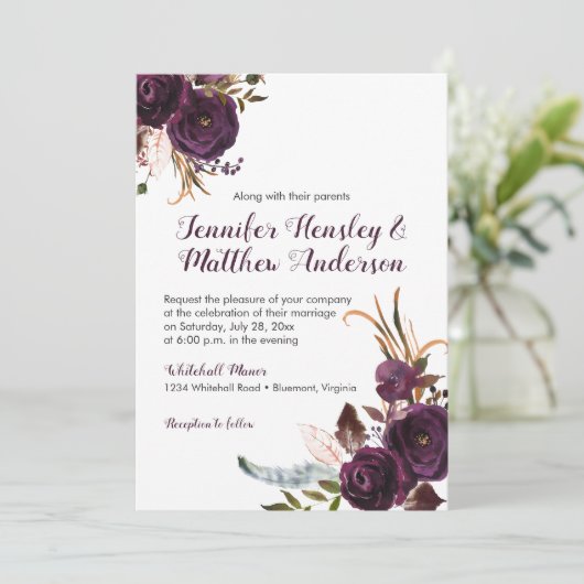 Rustiek Donker Paarse Bloemen Boho Fall Bruiloft Kaart (Staand voorkant)