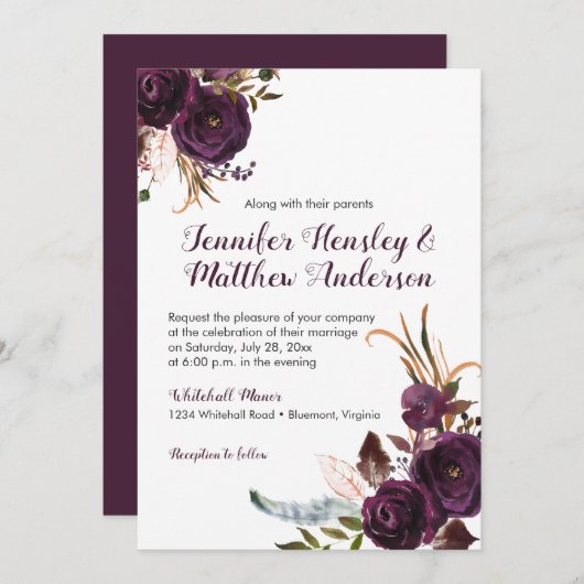 Rustiek Donker Paarse Bloemen Boho Fall Bruiloft Kaart (Voorkant / Achterkant)