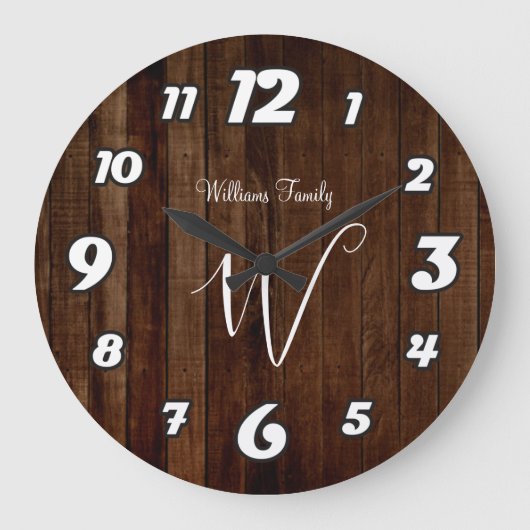 Rustiek Donkerbruin Hout Familienaam Monogrammed L Grote Klok (Voorkant)