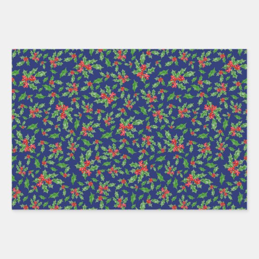 Rustiek Donkerrood Blauw Groen Kerst Holly Patroon Inpakpapier Vel (Voorkant 3)