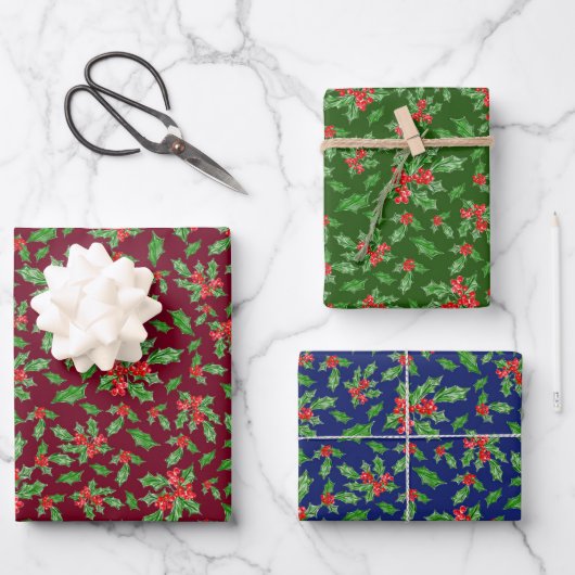 Rustiek Donkerrood Blauw Groen Kerst Holly Patroon Inpakpapier Vel (Voorkant)