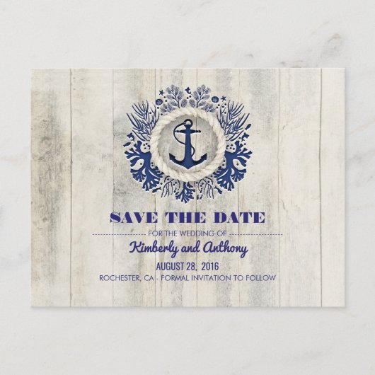 Rustiek Driftwood Nautical Navy Beach Save the Dat Aankondigingskaart (Voorkant)