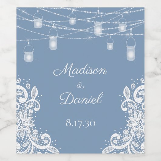 Rustiek Dusty Blue Lights Bruiloft Wijn Label Wijn Etiket (Enkel label)