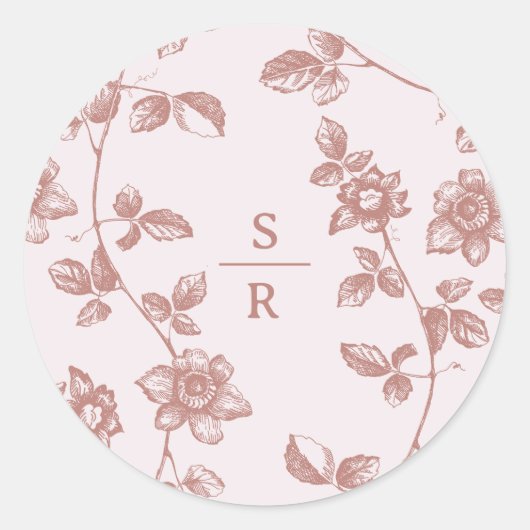 Rustiek Dusty Roze Bloemen Monogram Bruiloft Ronde Sticker (Voorkant)