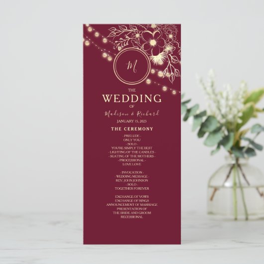 Rustiek Elegant Bourgogne bruiloft programma (Staand voorkant)