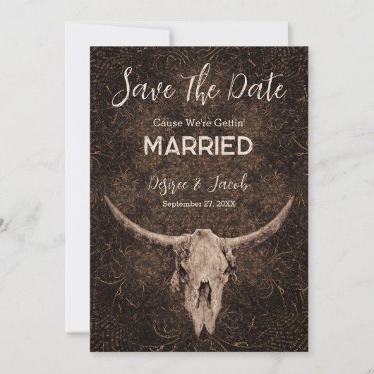 Rustiek Elegant Bruin Western Bull Skull Save The Date (Voorkant)