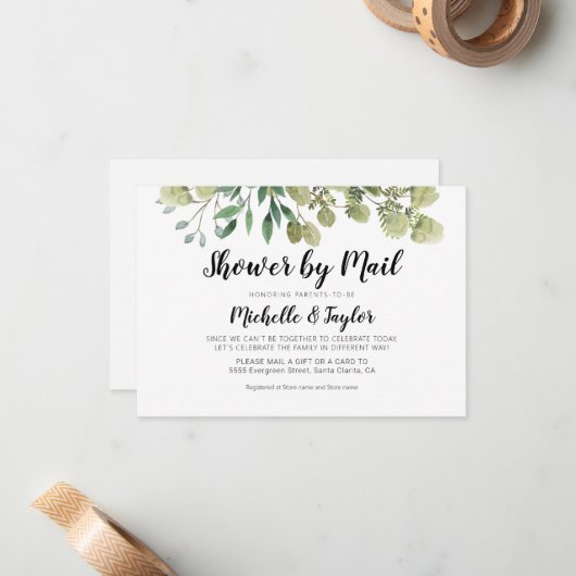 Rustiek Elegant Greenery Virtual Shower Nodig Kaar Notitiekaartje (Voorkant / Achterkant in situ)