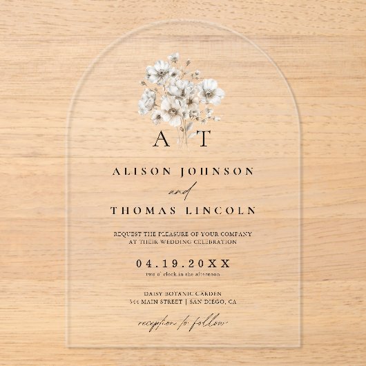 Rustiek Elegant Monogram Bloemen Bruiloft Acryl Uitnodigingen (Voorkant)