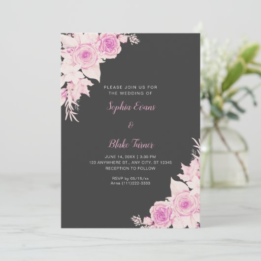 Rustiek Elegant Roze Rozen Herfst Shadow Grey Brui Kaart (Staand voorkant)