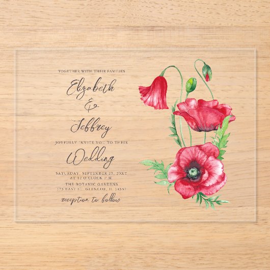 Rustiek Elegant Waterverf Script Red Poppy bruilof Acryl Uitnodigingen (Voorkant)
