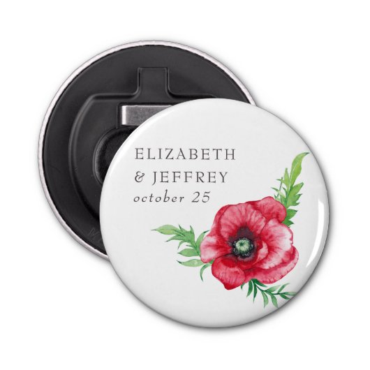 Rustiek Elegant Waterverf Script Red Poppy bruilof Button Flesopener (Voorkant)